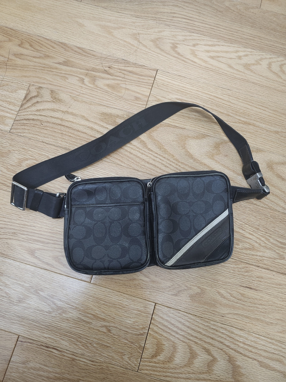 Coach Black Signature Double-Pouch Belt Bag with Diagonal Silver Trim